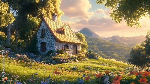 Peaceful Anime-Style Landscape with Stone House, Rolling Hills, and Sunrise Sky