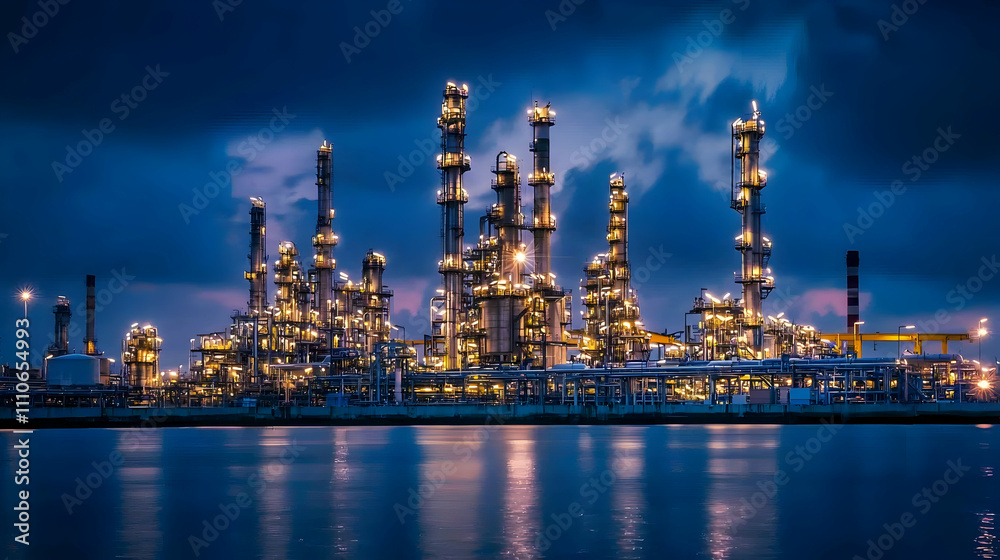 Illuminated Petrochemical Refinery at Night Reflecting on Water Illuminated Petrochemical Refinery at Night Reflecting on Water