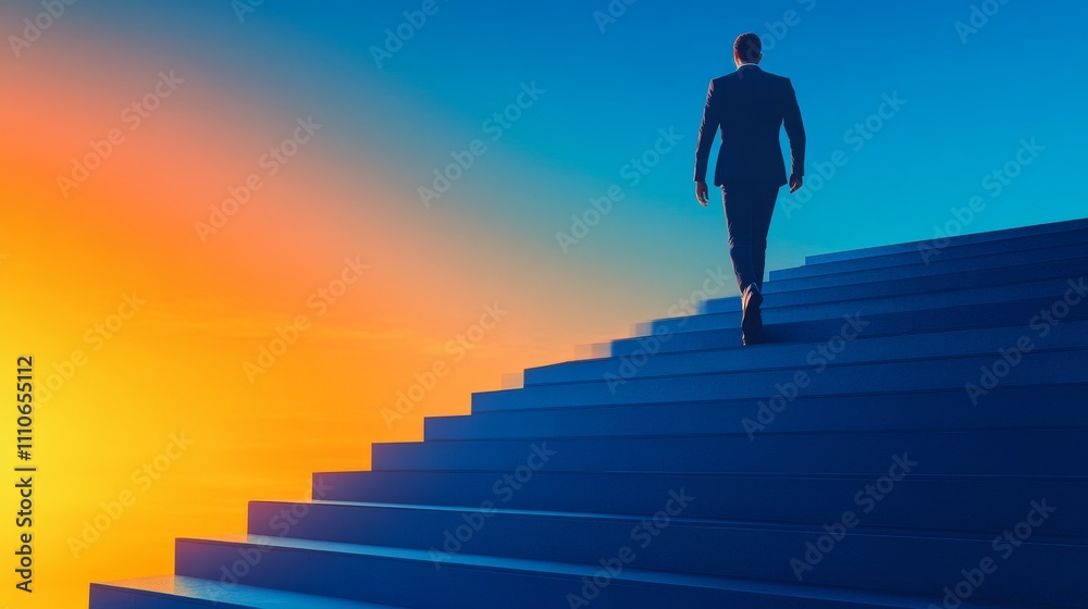 Businessman Ascending Steps Towards a Bright Sunset Businessman Ascending Steps Towards a Bright Sunset