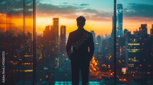 Businessman Silhouetted Against City Sunset View photo