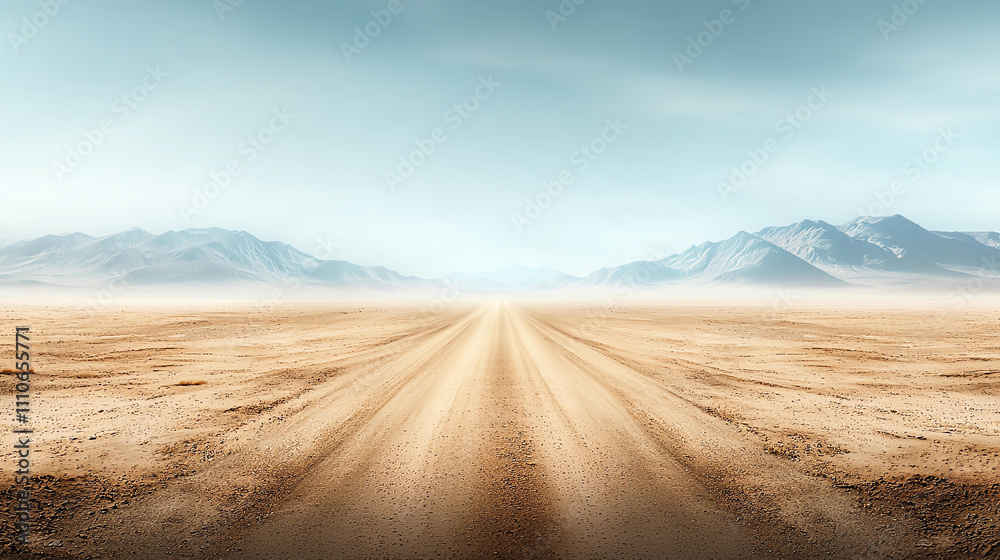 Vast desert road stretching through sandy landscape under blue sky Vast desert road stretching through sandy landscape under blue sky