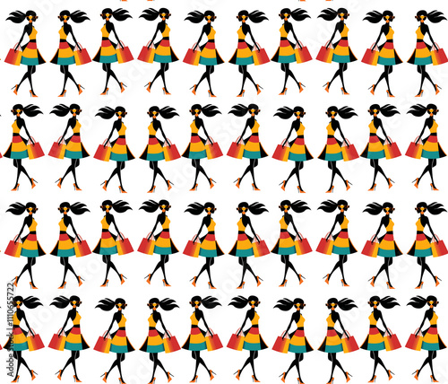 Seamless pattern with stylish women carrying shopping bags, perfect for fashion and retail designs.