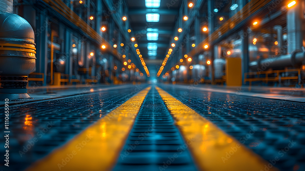Industrial Facility Pathway Illuminated With Yellow Lines Industrial Facility Pathway Illuminated With Yellow Lines