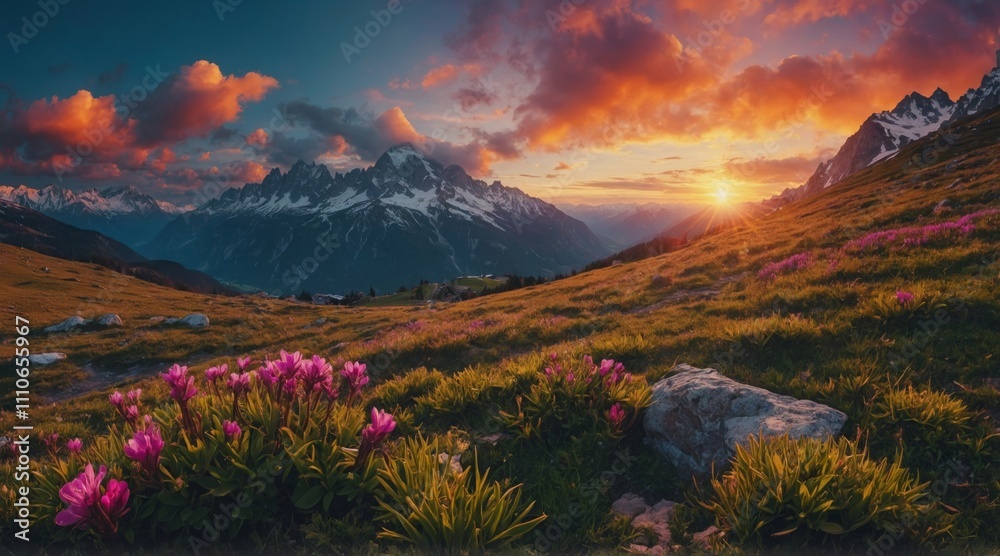 Sunset over mountains with vibrant flowers in a scenic landscape setting Sunset over mountains with vibrant flowers in a scenic landscape setting