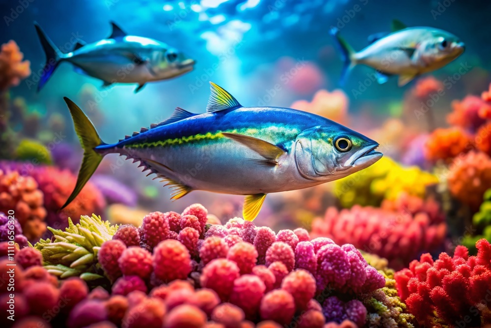 Captivating Tilt-Shift Photography of Bigeye Tuna Swimming Gracefully in a Vibrant Coral Reef, Showcasing Their Stunning Colors and Unique Features in a Miniature World Captivating Tilt-Shift Photography of Bigeye Tuna Swimming Gracefully in a Vibrant Coral Reef, Showcasing Their Stunning Colors and Unique Features in a Miniature World