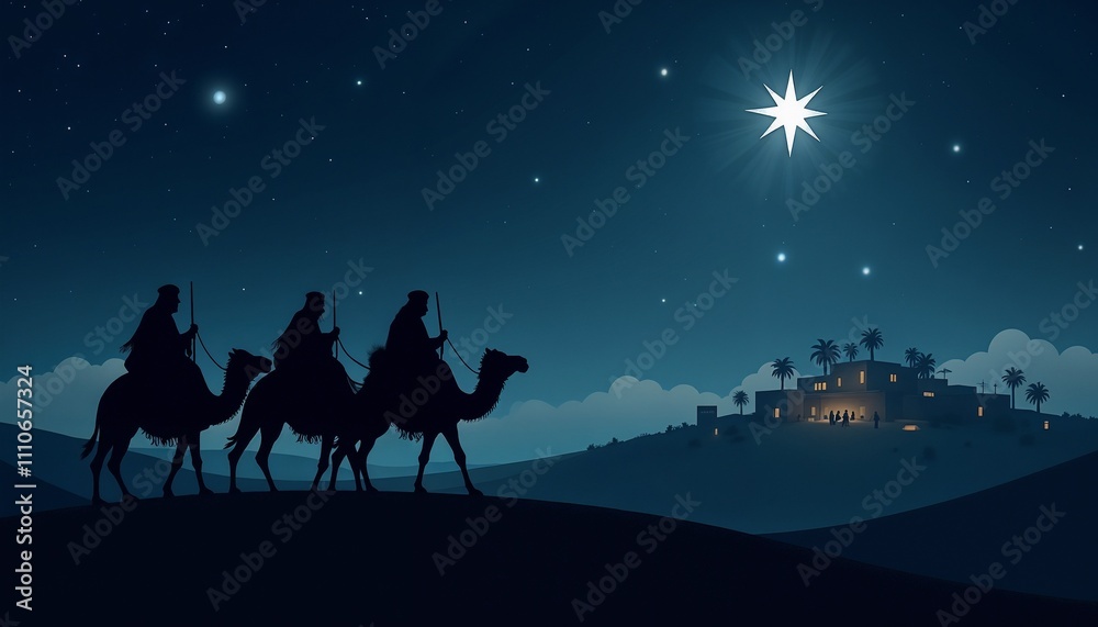 Silhouettes of Three Wise Men Riding Camels Under the Bethlehem Star, with the Glimmering Light of Bethlehem in the Distance Silhouettes of Three Wise Men Riding Camels Under the Bethlehem Star, with the Glimmering Light of Bethlehem in the Distance