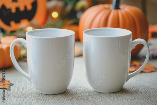 Closeup of two white coffee mugs sitting next to each other, the background is Halloween-themed. photo