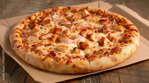 BBQ Chicken pizza with smoky BBQ sauce, grilled chicken, and red onions, Pizza photography