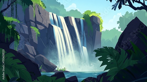 Majestic Waterfall Cascading into Clear Pool | Lush Greenery, Mist, and Rolling Hills in Awe-Inspiring Landscape