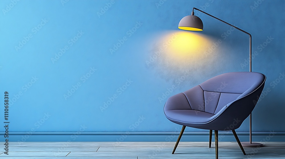 Modern armchair with floor lamp in blue room. Modern armchair with floor lamp in blue room.