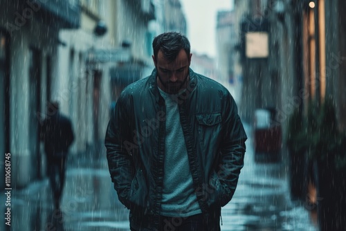 Lonely wanderer reflects in rain-soaked alleyway at dusk amidst a quiet urban landscape, embracing solitude and introspection