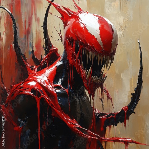 Dynamic Digital Art: A menacing symbiote character in vivid red and black colors, perfect for graphic novels or fan art.
