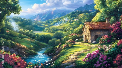 Anime-Style Countryside Scene with Stone House, Rolling Hills, and Crystal-Clear River | Serene Dawn or Dusk Landscape