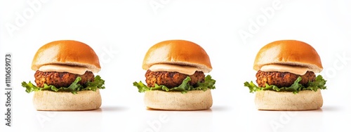 A trio of mini sliders with falafel and tahini sauce, isolated white background, surreal art style
