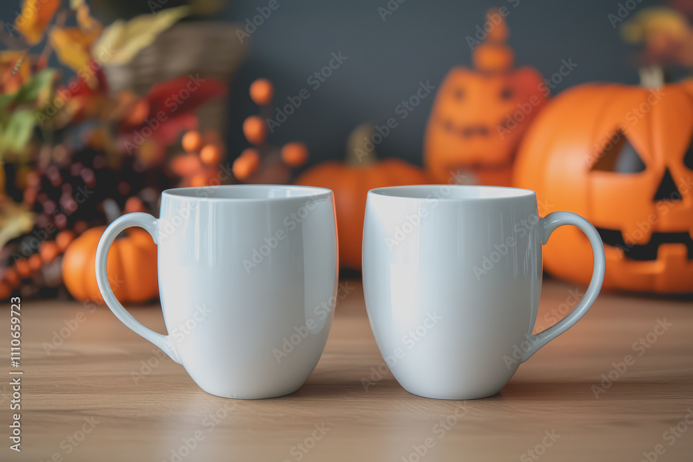 Closeup of two white coffee mugs sitting next to each other, the background is Halloween-themed. Closeup of two white coffee mugs sitting next to each other, the background is Halloween-themed.