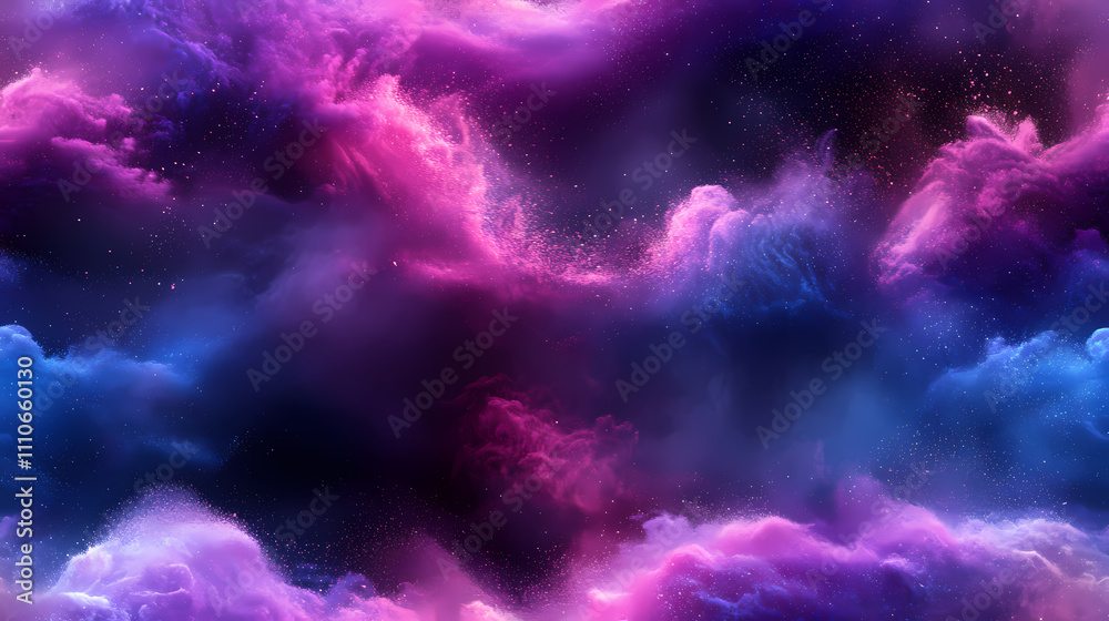 There is a gradient of blue and purple in the background, swirling white powder that has a blue glow. There is a gradient of blue and purple in the background, swirling white powder that has a blue glow.