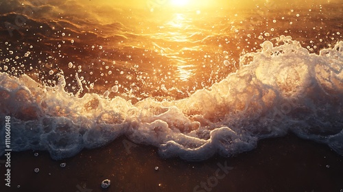 Sunset Over Beach with Golden Hues and Sparkling Sea Foam | Serene Coastal Landscape
