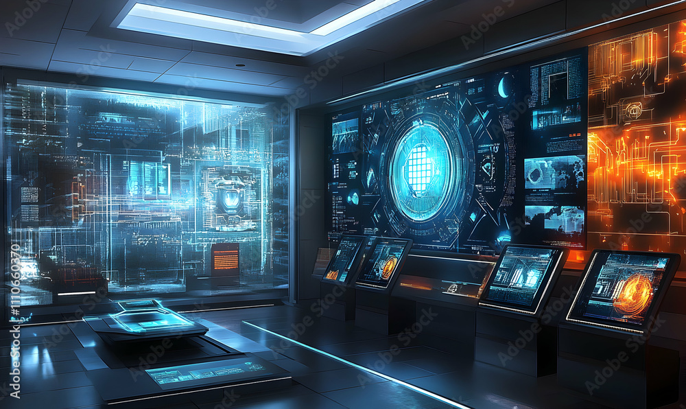 Futuristic control room with holographic displays showing complex data streams, ideal for tech, science fiction, or virtual reality concepts.