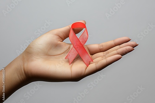 Hand holding red AIDS awareness ribbon. The concept of aids awareness and the prevention of immune diseases. AI-generated