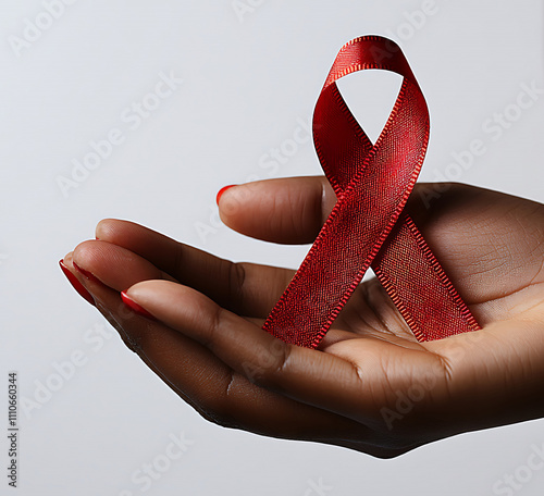 Hand holding red AIDS awareness ribbon. The concept of aids awareness and the prevention of immune diseases. AI-generated