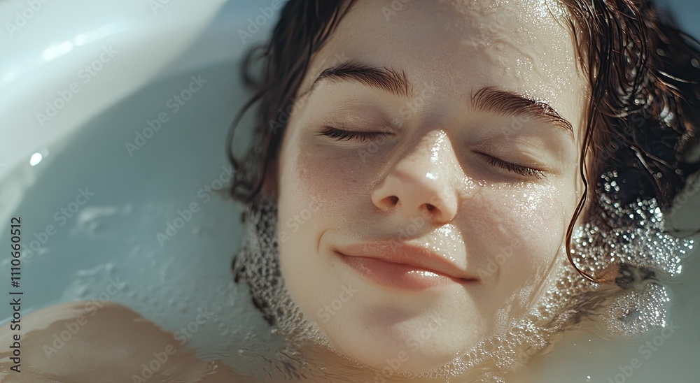 A beautiful woman enjoys a spa salon, smiling and relaxing in a hot tub with her eyes closed A beautiful woman enjoys a spa salon, smiling and relaxing in a hot tub with her eyes closed