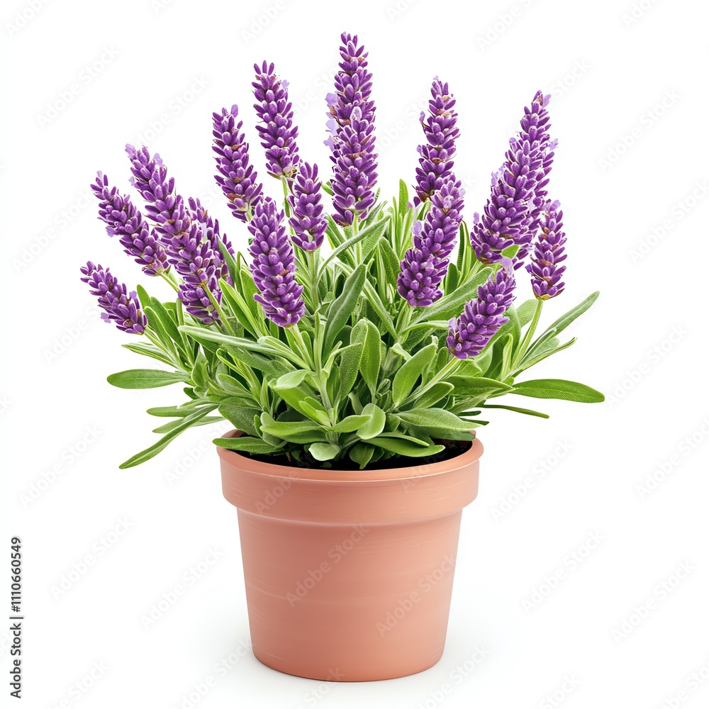 Fototapeta premium Vibrant lavender plant in a terracotta pot, showcasing colorful purple flowers.