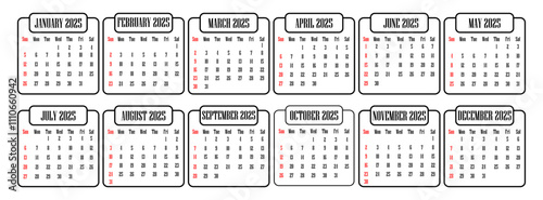 Vector icon set of calendar 2025