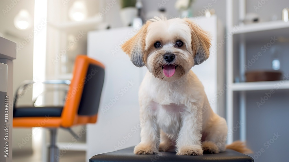 A photo of a dog in a grooming salon with a seasonal setting A photo of a dog in a grooming salon with a seasonal setting