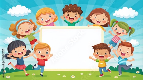 Cheerful Cartoon Frame Featuring Happy Kids with a Blank Space for Customization, Perfect for Celebrating Childhood Memories and Special Events