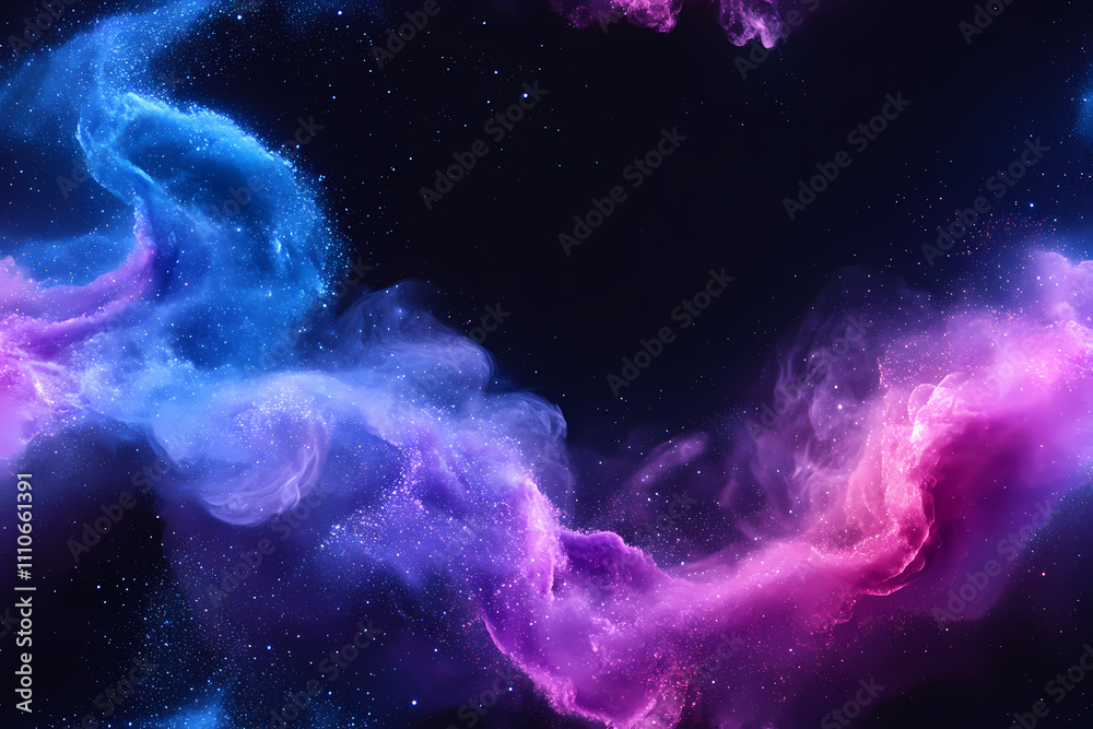 There is a gradient of blue and purple in the background, swirling white powder that has a blue glow.