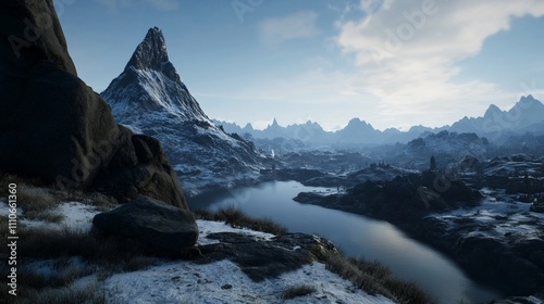 Snowy mountain range overlooking a serene lake in a valley. Vast landscape with rugged peaks, icy snow, and a tranquil lake reflecting the sky. A serene winter wonderland scene.