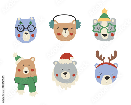 Colorful illustrations with bears in Christmas accessories, santa hat, hoop with reindeer antlers, Christmas glasses. Christmas and New Year animals for card design and winter clothes.