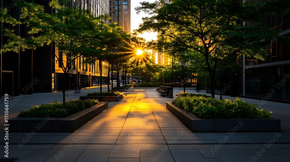 Sunrise through city plaza trees. Sunrise through city plaza trees.