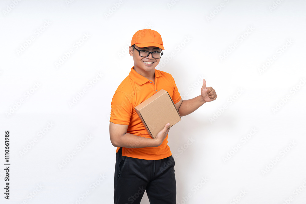 asian courier delivery wearing oranges uniform with parcel box isolated on white background, shipment service concept. asian courier delivery wearing oranges uniform with parcel box isolated on white background, shipment service concept.