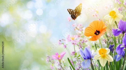 Beautiful spring background with green grass, blue background, and colorful wild flowers on a meadow, including poppies, daffodils, and irises, with a butterfly. Copy space concept.