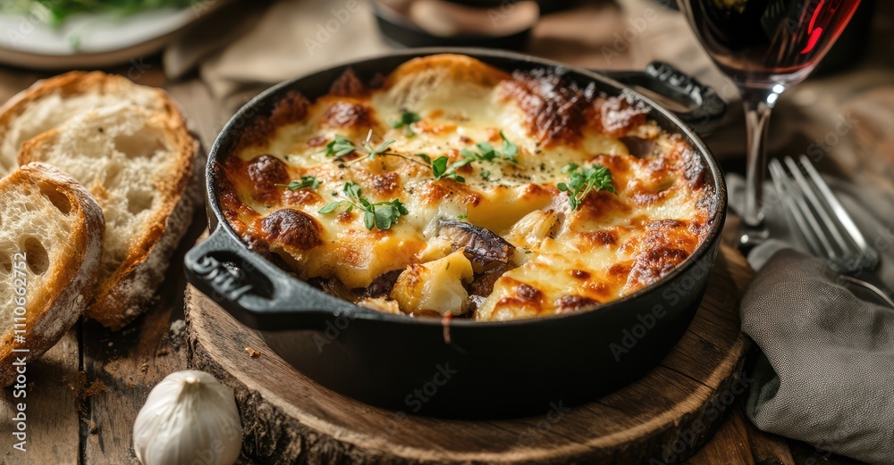 Plated Tartiflette with Garnish and Bread. AI generated illustration. Plated Tartiflette with Garnish and Bread. AI generated illustration.