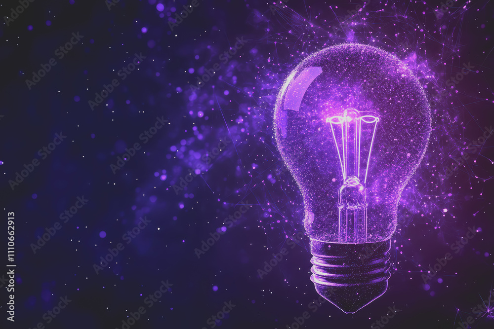 A light bulb with purple dots floating on a dark background. There are many small dots on the image. A light bulb with purple dots floating on a dark background. There are many small dots on the image.