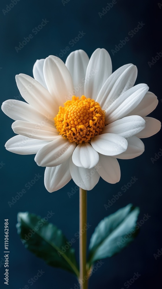 Fototapeta premium A close-up view of a single white daisy flower with a vibrant yellow center, set against a soft, dark blue background highlighting its delicate petals.
