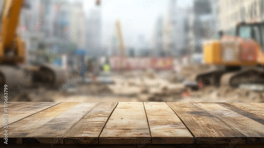Rustic wooden tabletop against a blurred background of an active construction zone with tools and machinery. Rustic wooden tabletop against a blurred background of an active construction zone with tools and machinery.