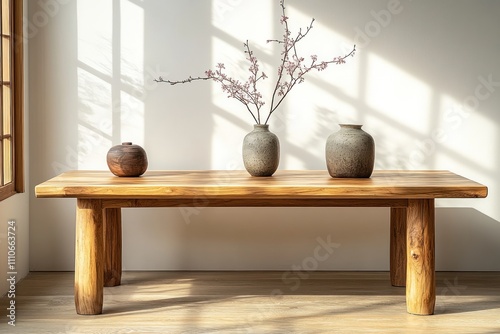  Minimalist wooden table with pottery and blossoms in sunlit room.