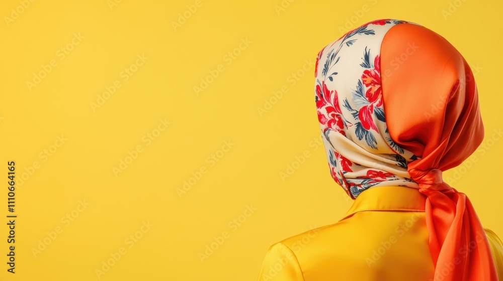 Elegant Woman with Floral Scarf on Vibrant Yellow Background Elegant Woman with Floral Scarf on Vibrant Yellow Background