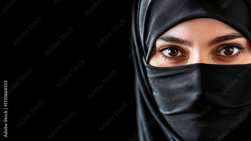 Portrait of Woman in Black Hijab with Intense Eyes Against Black Background