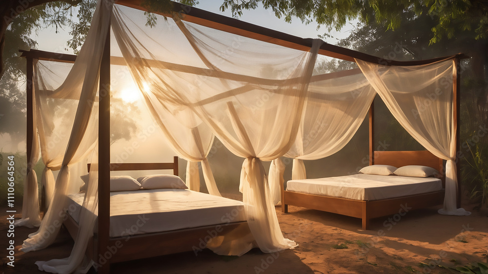 A symbolic representation of the sun rising over mosquito net-covered beds, symbolizing protection and hope. A symbolic representation of the sun rising over mosquito net-covered beds, symbolizing protection and hope.