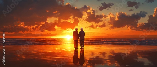 Affectionate elderly couple holding hands and gazing at each other during a serene sunset stroll along the beach their reflection visible in the calm waters photo