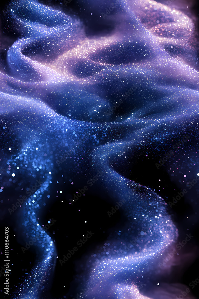 There is a gradient of blue and purple in the background, swirling white powder that has a blue glow. There is a gradient of blue and purple in the background, swirling white powder that has a blue glow.