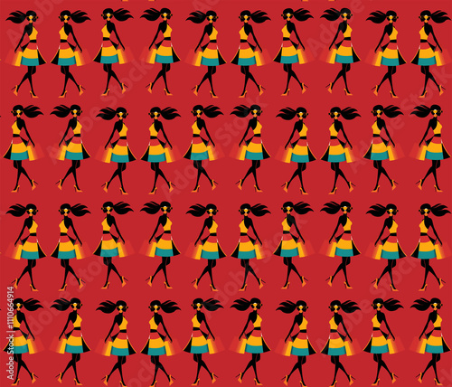 Seamless pattern with stylish women carrying shopping bags, perfect for fashion and retail designs.
