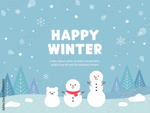 An illustration with a winter concept, showing snow, a cute snowman, and the words "Happy Winter."