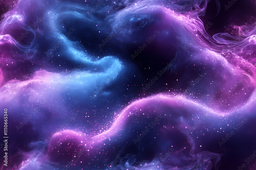 There is a gradient of blue and purple in the background, swirling white powder that has a blue glow. There is a gradient of blue and purple in the background, swirling white powder that has a blue glow.