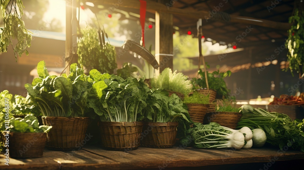A photo of a farmers market stall with baskets of fresh leaf A photo of a farmers market stall with baskets of fresh leaf