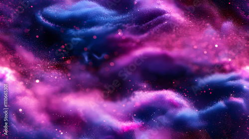 There is a gradient of blue and purple in the background, swirling white powder that has a blue glow.